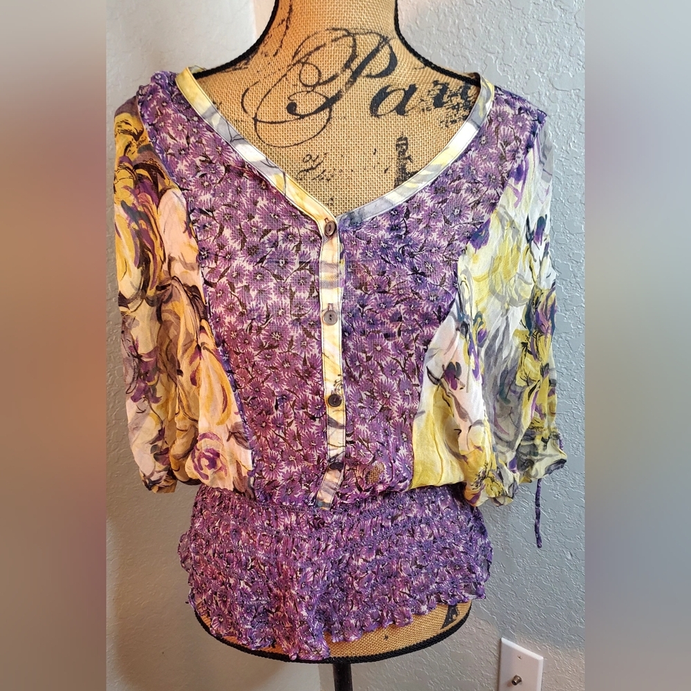 Sheer Floral V-Neck Button-Up Women's Top